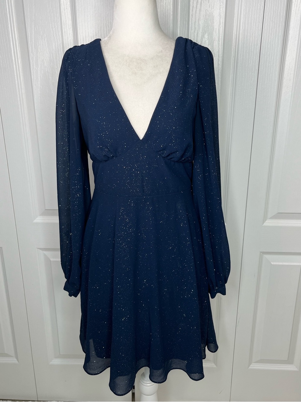 B Darlin Navy Sparkle V-Neck Long-Sleeve Dress